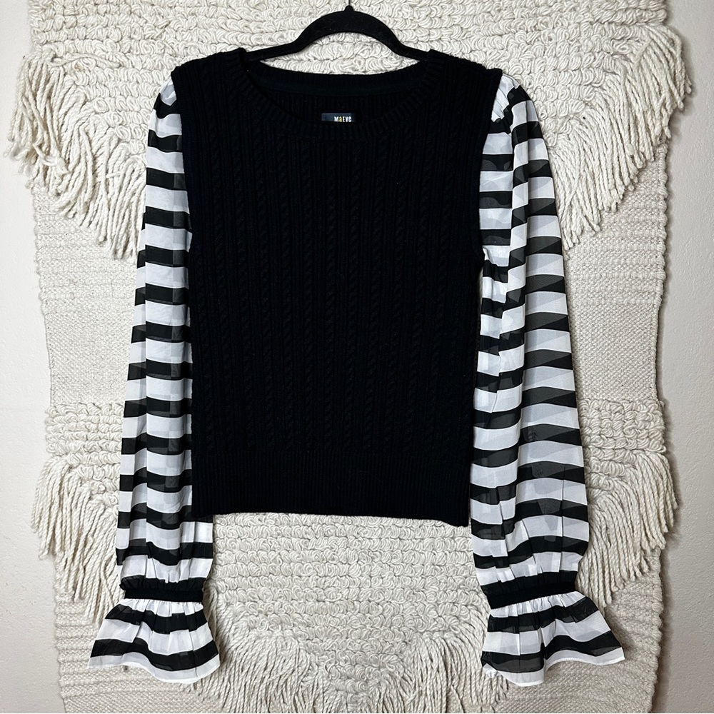 ANTHROPOLOGIE Maeve black and white cable knit contrast sweater M - Picture 4 of 11